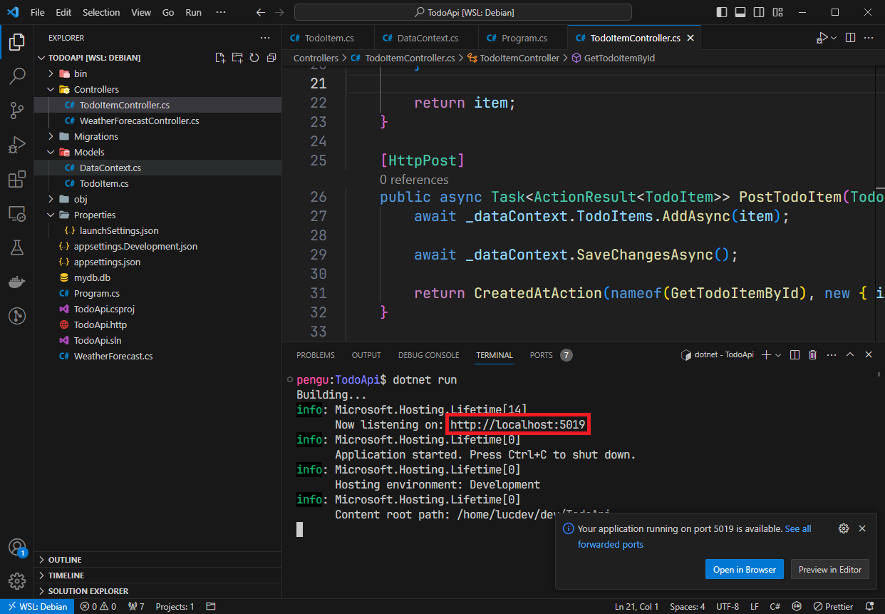 Visual Studio showing that the Api is running on port 5019