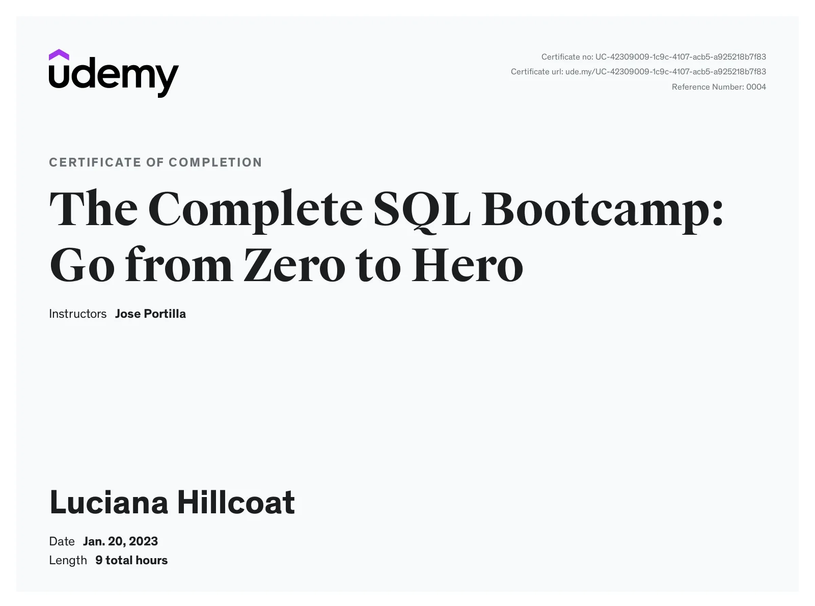 Certificate of Completion: The Complete SQL Bootcamp