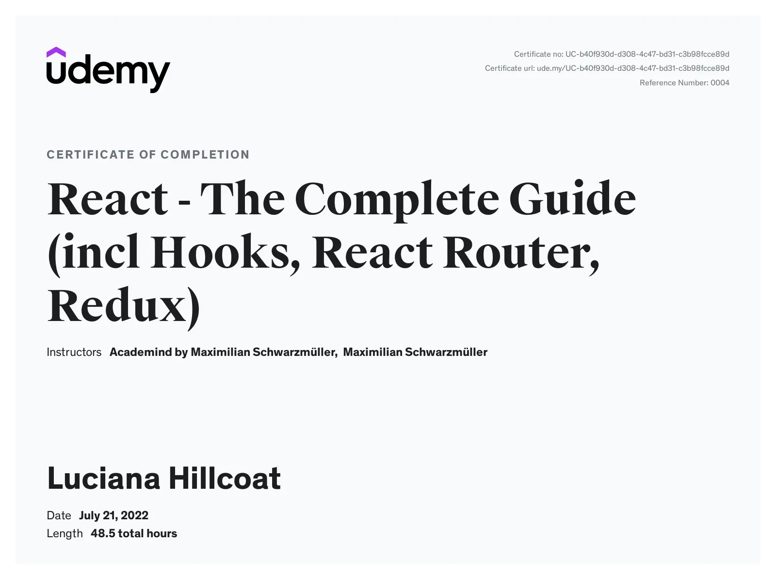 Certificate of Completion: React: The Complete Guide