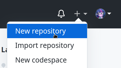 Screenshot from Github showing the create dropdown menu, the mouse cursor is highlighting the New repository button