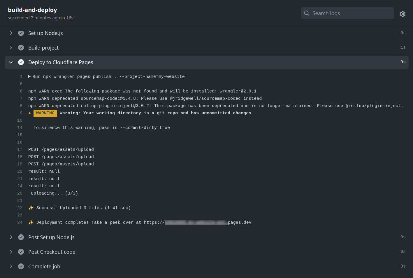 Screenshot of the Github Actions workflow