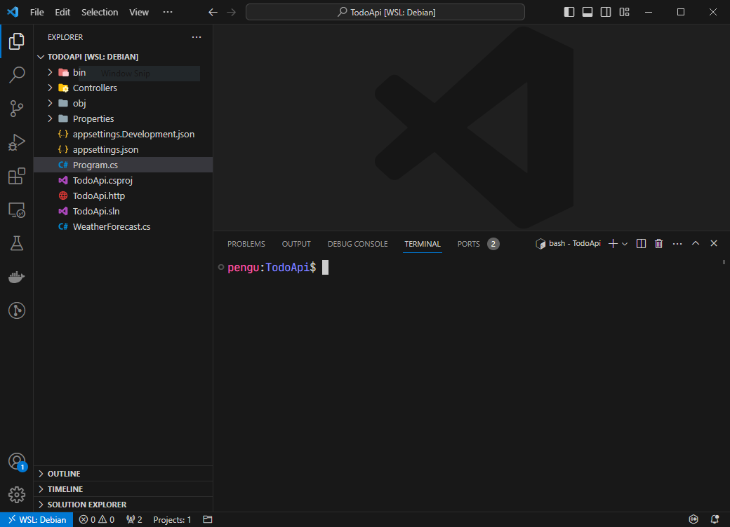 Visual Studio code opening the newly createad project